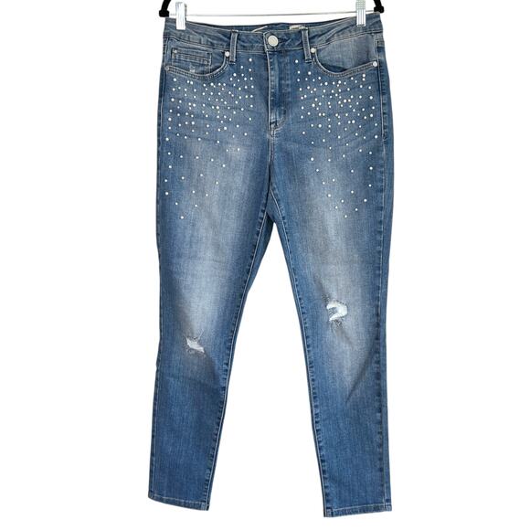 Seven7 Womens Pearl Embellished Mid Rise Skinny Jeans Starling Size 12‎ Coquette - Picture 2 of 11